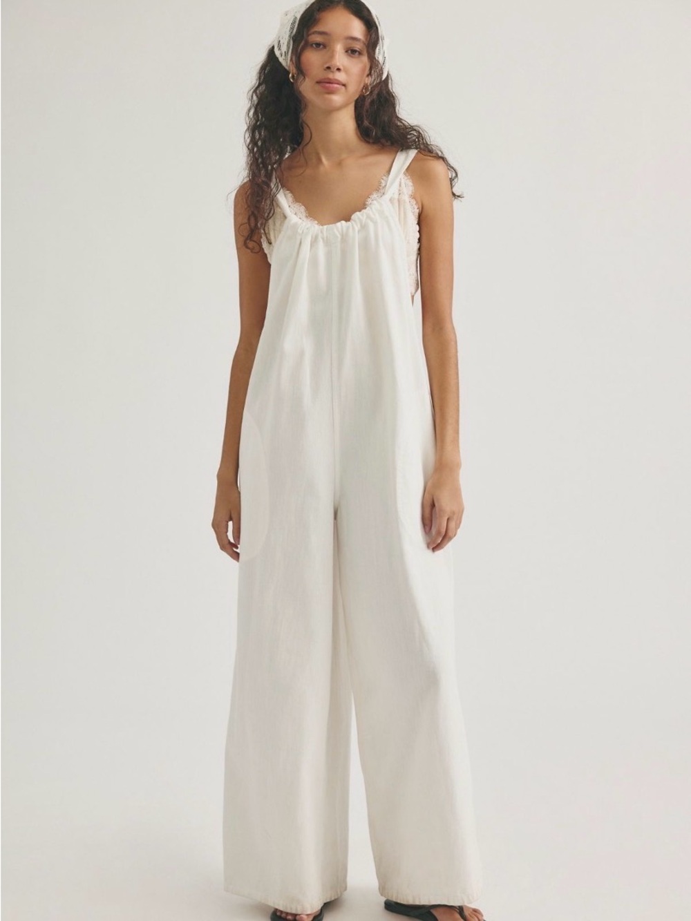 Free People Ivory Wide-Leg Romper with Ruching